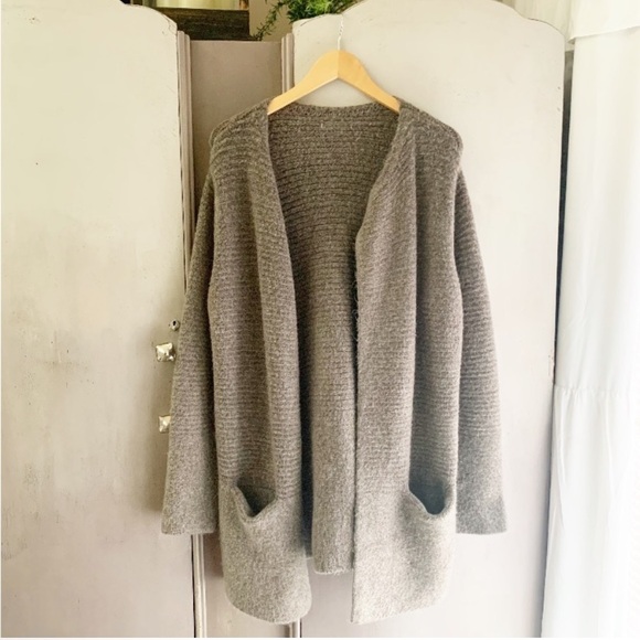 Sweaters - Open Front Taupe Longline Sweater Cardigan Pockets